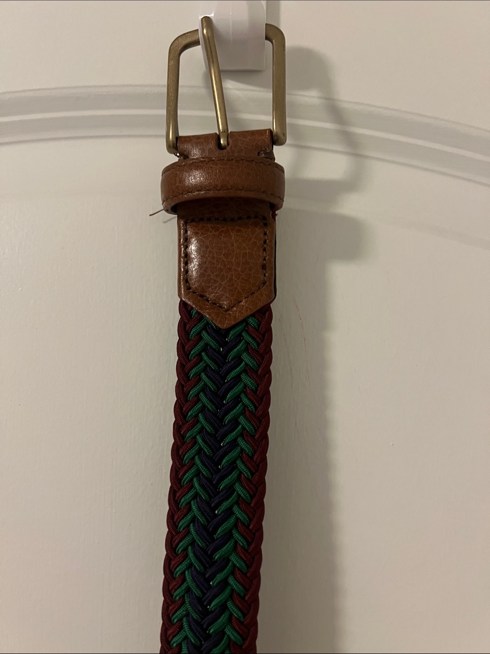 Leather-Trim Woven Belt in Brown with Green & Navy Accents